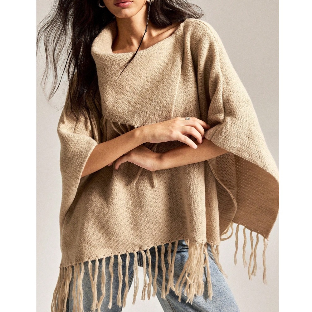 Classic Tan Fringe Detail Oversized Poncho Sweater Top - Picture 6 of 8